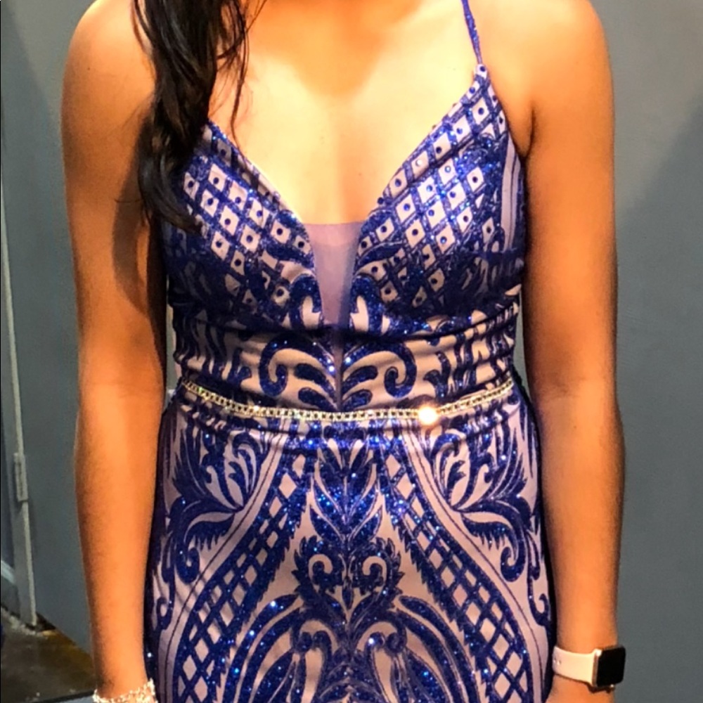 May Queen royal blue and nude dress